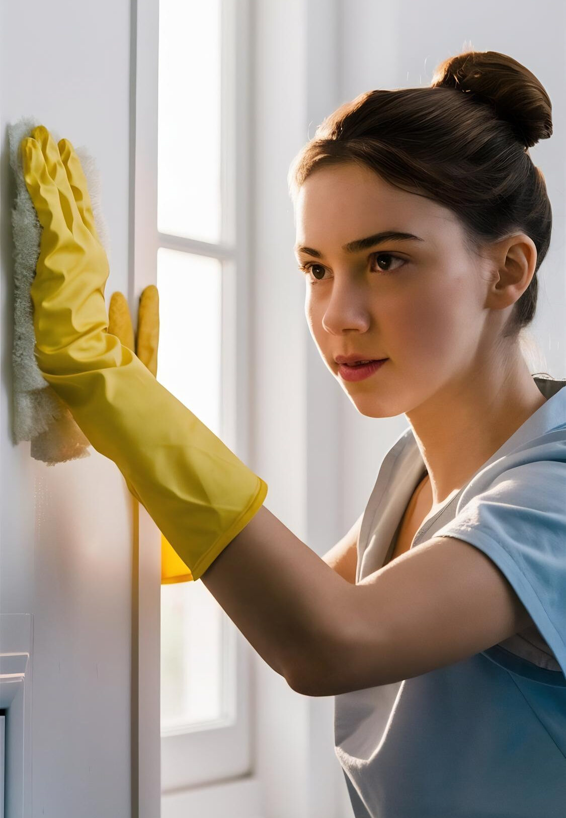 Young housewife is wearing yellow gloves while cleaning with the product of clean on white wall